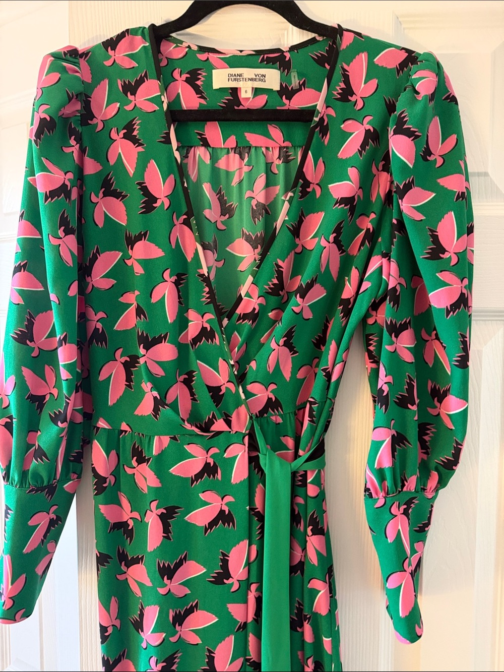 Diane Von Furstenberg Emerald Green Wrap Dress with Pink Floral Motif